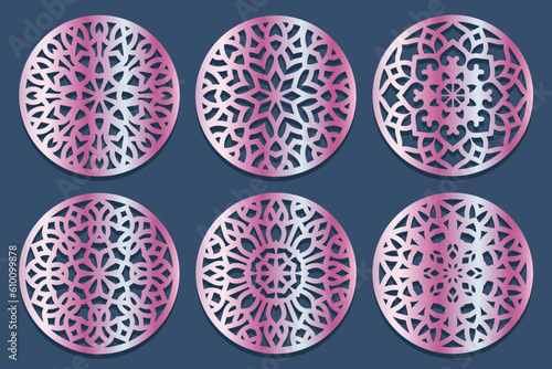 Set decorative circle coaster for laser cutting. Round abstract geometric coaster card. Laser cut design. Vector illustration	