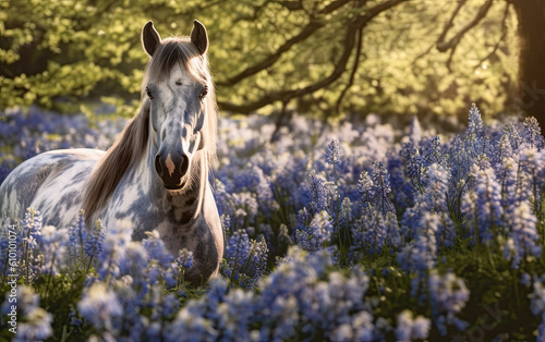 horse in the field of purple, lilac, blue flowers. Generative AI image.