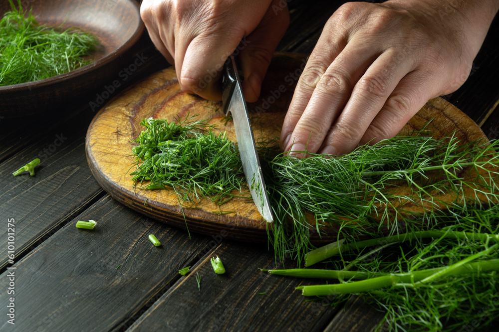 The chef hands cutting fresh foeniculum on a kitchen cutting board before preparing national or vegetarian dishes. Harvesting or preserving fennel The chef hands cutting fresh foeniculum on a kitchen cutting board before preparing national or vegetarian dishes. Harvesting or preserving fennel