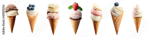 ice cream cone set frozen dessert with chocolate blueberry strawberry berries tutti frutti vanilla flavors isolated on transparent background created with Generative AI technology photo