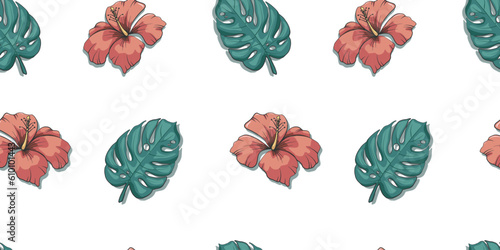 Seamless pattern of hibiscus tropical flower and monstera leaf. Blossom flower. Nature background. Vector illustration. © taniKoArt
