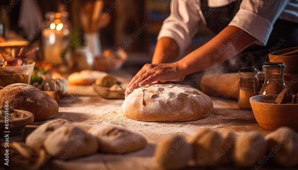 Background of wonderful homemade bread in the foreground and a baker making bread in the background. Generative IA