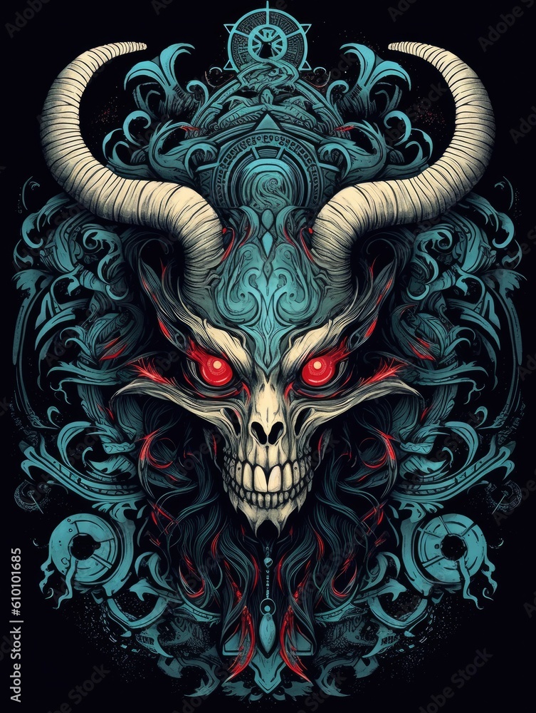 Demon, skull, evil, hell, illustration. Print for T-shirts. Generative AI. Demon, skull, evil, hell, illustration. Print for T-shirts. Generative AI.