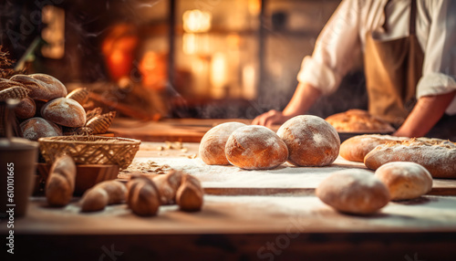 Background of wonderful homemade bread in the foreground and a baker making bread in the background. Generative IA