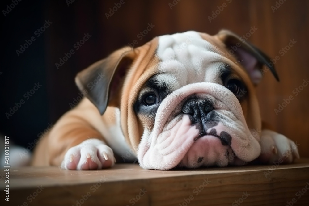 Cute funny bulldog puppy closeup. Generative AI