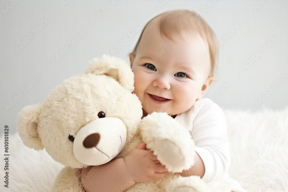 Cute happy little baby with a teddy bear. Generative AI Cute happy little baby with a teddy bear. Generative AI