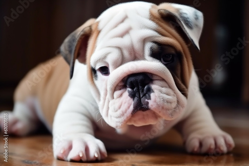 Cute funny bulldog puppy posing closeup. Generative AI © lanych