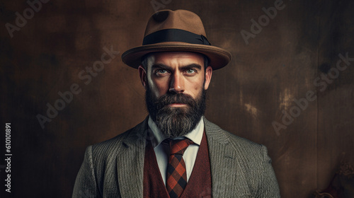 A dapper man with a rugged beard and a stylish fedora, capturing the essence of vintage charm Generative AI