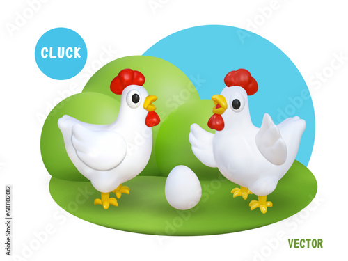 Cute 3d chicken characters and egg at outdoors. Cartoon vector illustration farm animals for promotion chicken wings, nuggets, hen, eggs, food. 