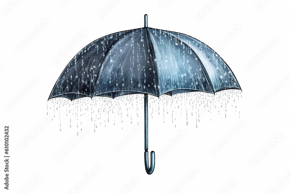drawing of umbrella with water drops isolated on white background. Generated by AI.