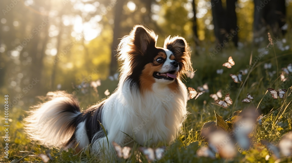 Obraz premium Cute Papillon dog at the meadow with flowers and butterflies, generative ai