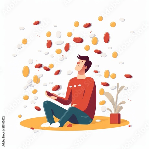 There is no allergy. Allergy pills. A happy man can breathe easily. Illustration. Ai generated