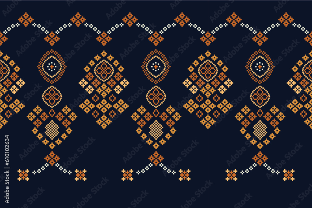 Fototapeta premium Ethnic geometric fabric pattern Cross Stitch.Ikat embroidery Ethnic oriental Pixel pattern navy blue background. Abstract,vector,illustration. Texture,clothing,scarf,decoration,motifs,silk wallpaper.