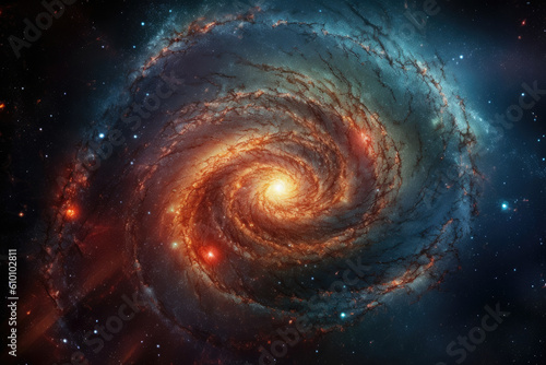 Mesmerizing image of a spiral galaxy with a bright central core and swirling arms filled with stars and cosmic dust, generative ai