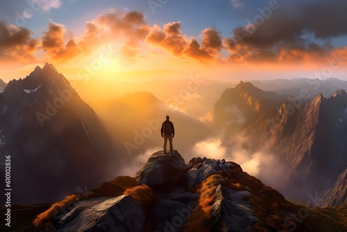 A lone traveler stands atop a breathtaking mountain peak, surrounded by majestic vistas and boundless possibilities, Generative AI