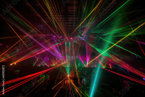 Mesmerizing laser light show with colorful beams slicing through the darkness and creating intricate patterns  generative ai
