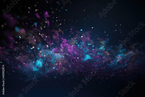 mesmerizing mix of sparkling blue and purple particles gently falling in a dreamy motion on a dark background, generative ai