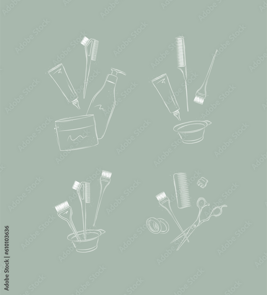 Fototapeta premium Hair dye tools and accessories compositions drawing on green background