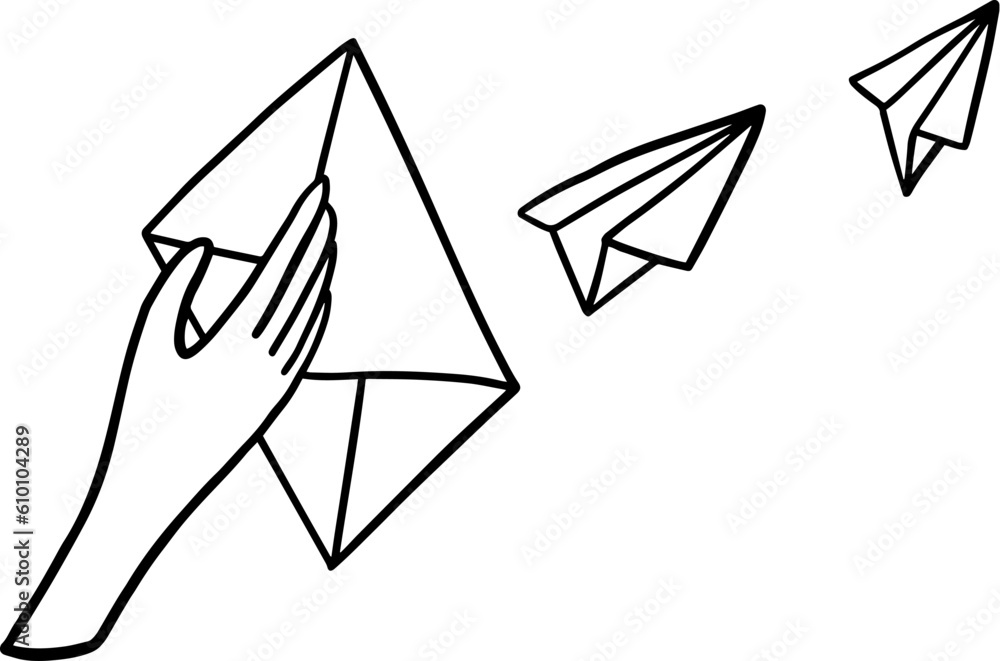 Woman hand take letter with paper plane icon in doodle style. Vector illustration Woman hand take letter with paper plane icon in doodle style. Vector illustration