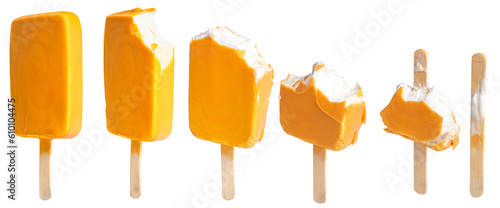 Foto Tasty ice cream on a wooden stick, creamy and covered in chocolate on an isolated background