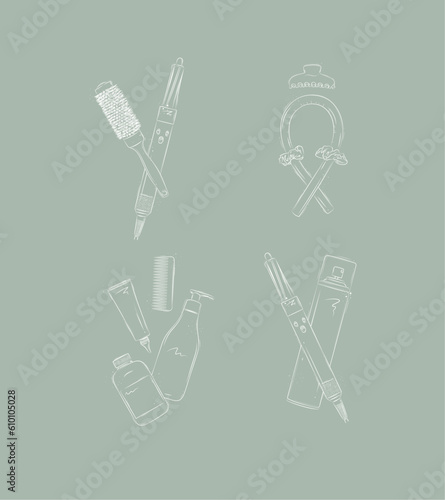 Curl syling tools composition drawing on green background photo