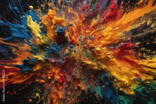 Multicolored ink and paint splatters in a chaotic yet mesmerizing display, generative ai