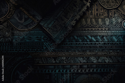 Mystic Tribal mysterious and intriguing wallpaper showcasing intricate tribal patterns in dark tones, adding depth and character to any room, generative ai