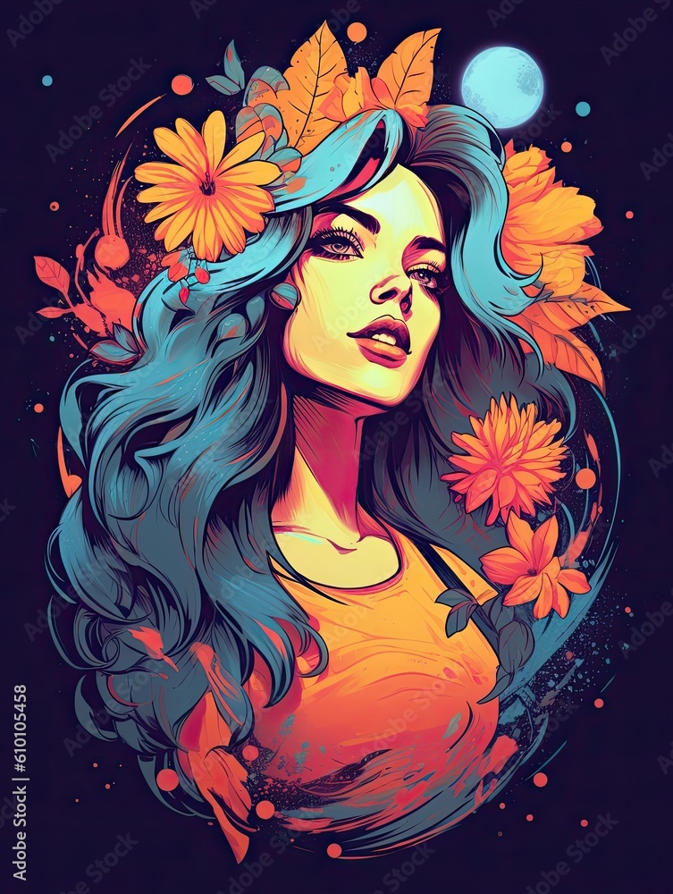 Naklejka premium Summer, girl, retro design. Print for T-shirts. Generative AI.