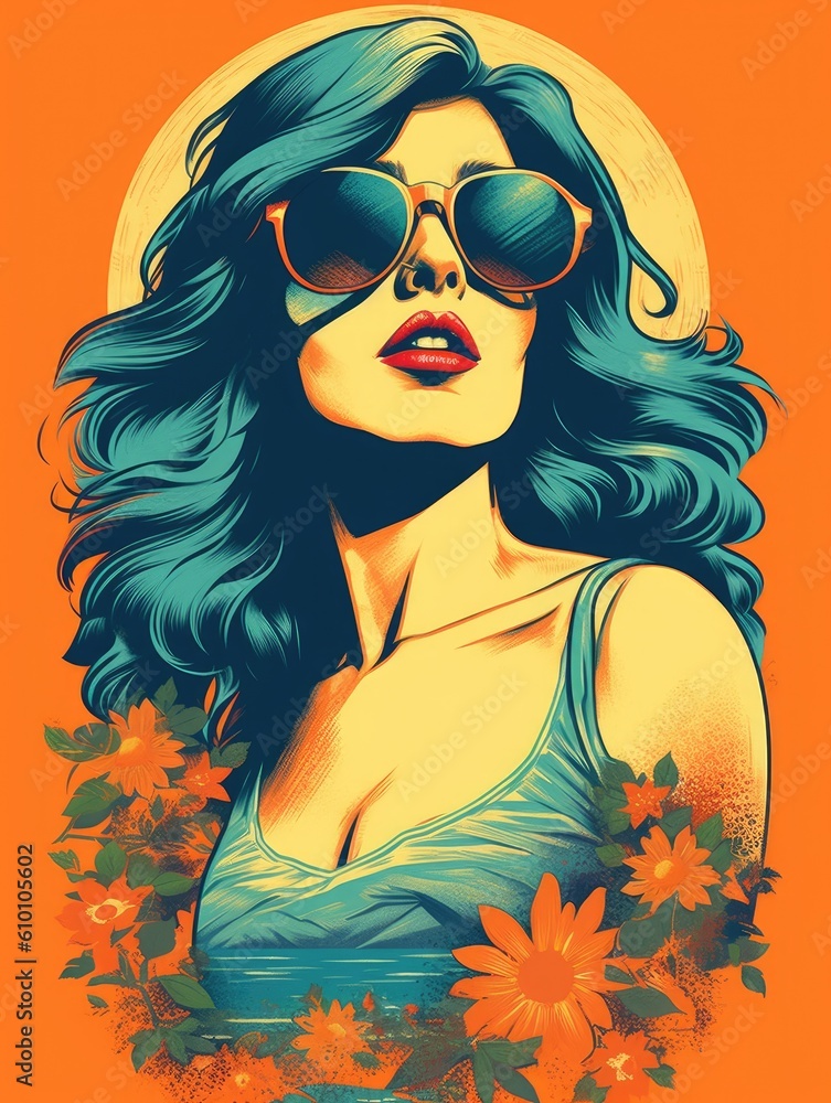Summer, girl, retro design. Print for T-shirts. Generative AI. Summer, girl, retro design. Print for T-shirts. Generative AI.