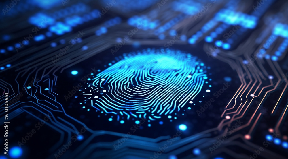 man's fingerprint on a circuit board. Generative AI. man's fingerprint on a circuit board. Generative AI.