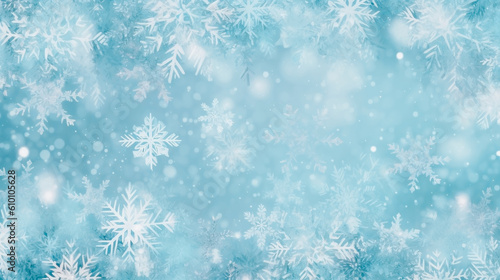 Winter background with snowflakes and blurred bokeh lights. Christmas blue delicate background. Generative AI