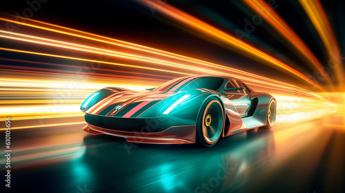 automotive car going fast through a night light. Generative AI.