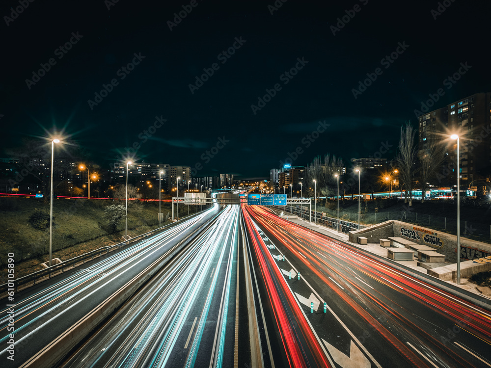 Night Traffic Light Trails on Urban Road Night Traffic Light Trails on Urban Road