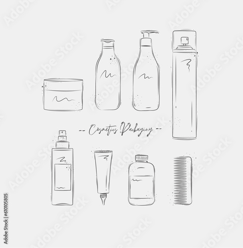 Hair cosmetics packaging containers drawing on light background