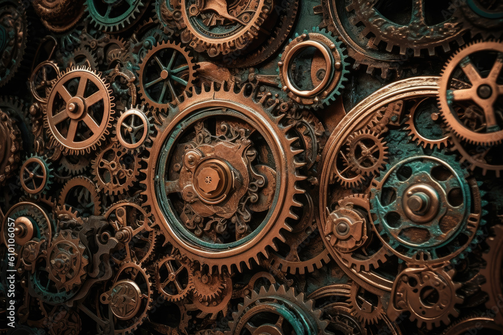 ornate steampunk clock face made up of gears and cogs in a metallic palette of bronze and copper, generative ai