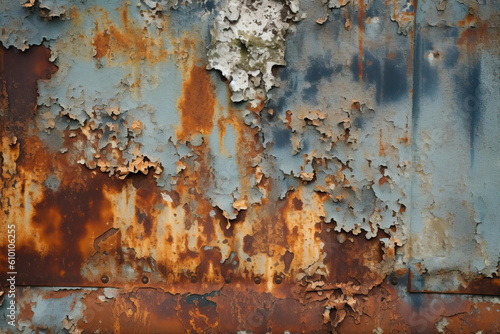 Peeling Paint on Metal Surface with Rust Stains and Scratches, generative ai