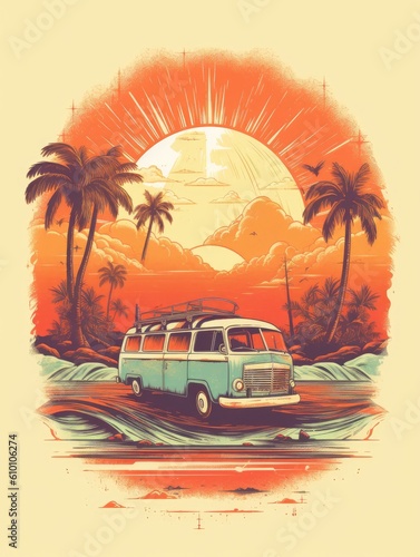 Summer  beach  illustration  retro design. Print for T-shirts. Generative AI.