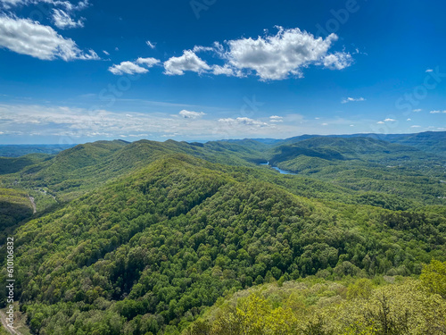 Cumberland Gap through Cumberland Mountains, within Appalachian Mountains. Tripoint of Kentucky, Virginia, and Tennessee. Cumberland Gap National Historical Park. Pinnacle Overlook at key passageway. 