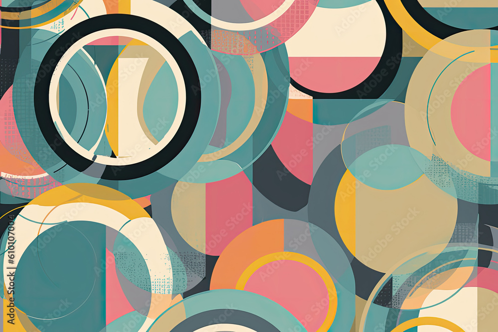 Fototapeta premium Retro circles in shades of blue, pink, and yellow on a light gray background, generative ai
