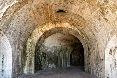 Gulf Islands National Seashore along Gulf of Mexico barrier islands of Florida. Fort Pickens pentagonal historic United States military fort on Santa Rosa Island. Brick casemate arches. 