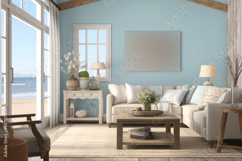 Vintage beach house wooden blue white interior. Generative AI