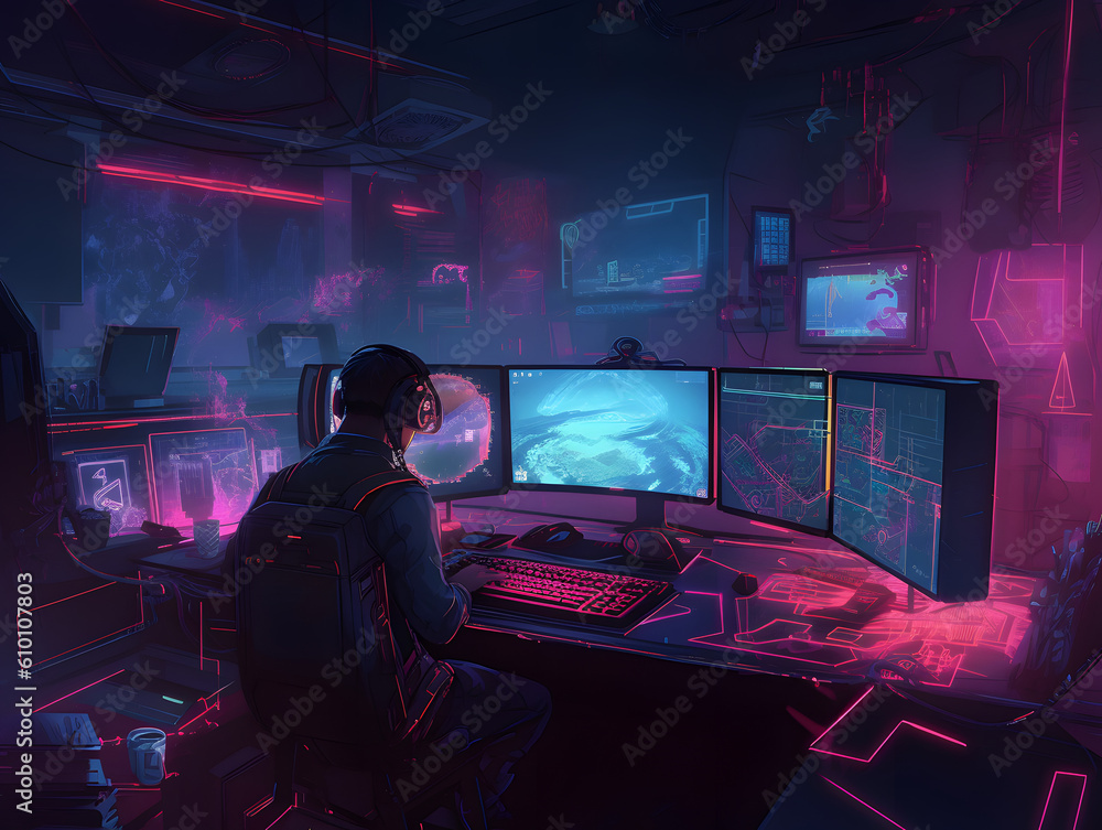 a illustration of a man working on a computer setup a illustration of a man working on a computer setup