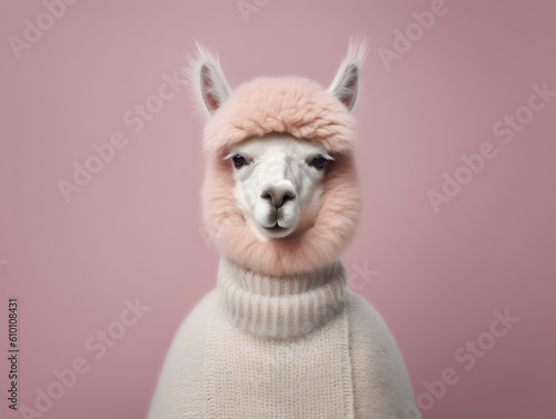 Minimalistic abstract portrait of alpaca wearing pink knitwear, commercial for winter collection of wool sweaters, AI generated concept © Jasmina