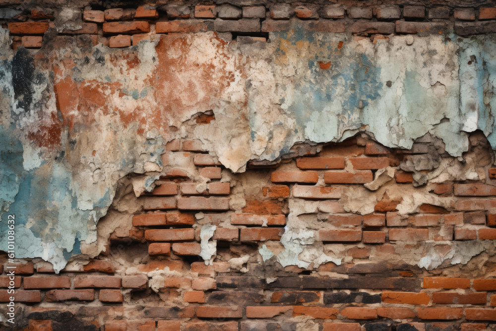 Rustic Brick Wall with Crumbling Paint and Deep Cracks, generative ai Rustic Brick Wall with Crumbling Paint and Deep Cracks, generative ai