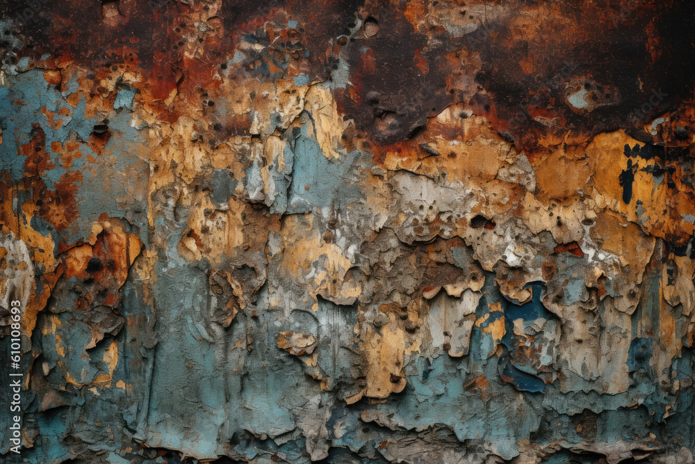 Rustic metal background with chipped paint and distressed details, generative ai