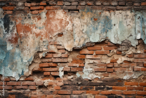 Rustic Brick Wall with Crumbling Paint and Deep Cracks  generative ai