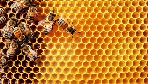 honey cells and working bees, honey bee working, genarative ai