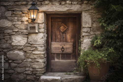 Rustic Stone Wall with Wooden Door and Lantern  generative ai