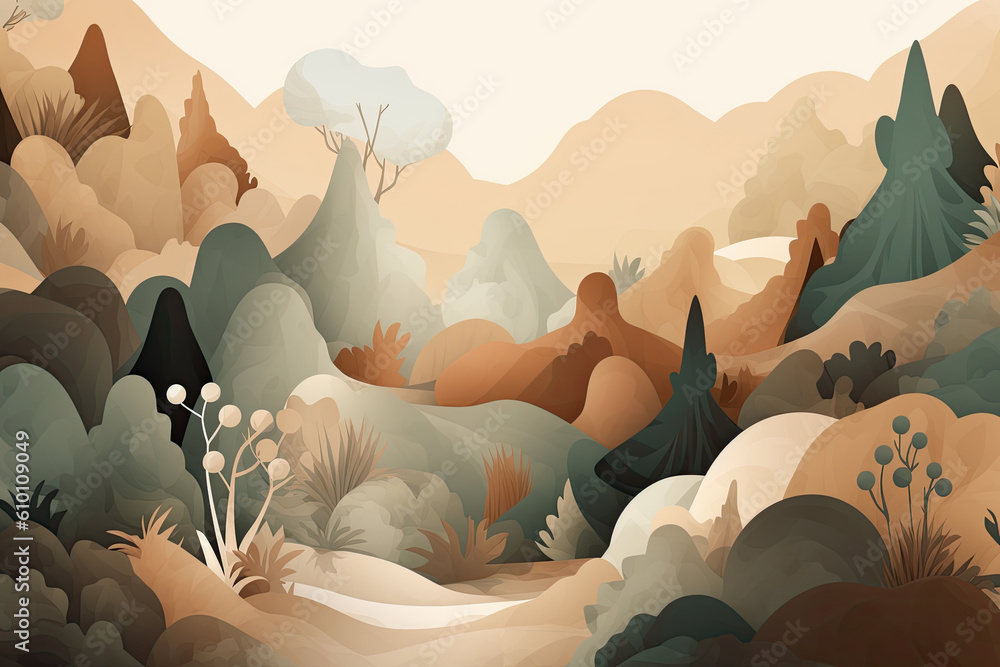 Fototapeta premium serene landscape of natural organic shapes in earthy tones on a light brown background, generative ai