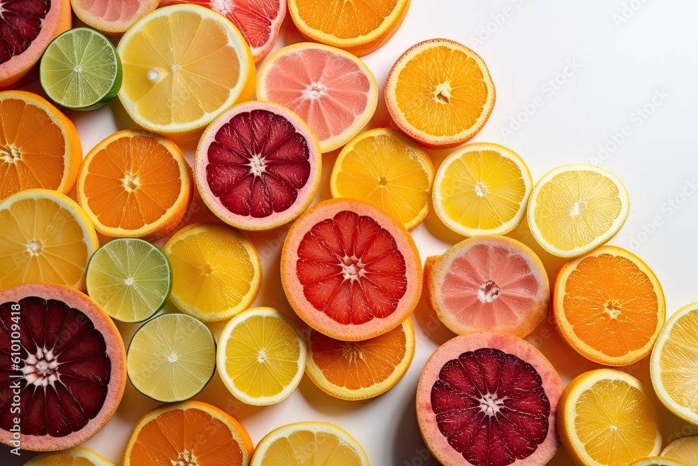 Slices of vibrant and fresh citrus fruits placed randomly on a white background, generative ai Slices of vibrant and fresh citrus fruits placed randomly on a white background, generative ai